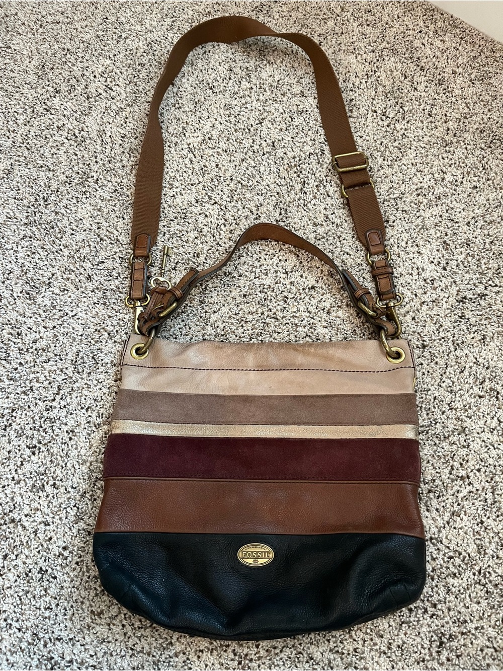 Fossil Striped Leather & Suede Shoulder Bag - Brown, Black, Burgundy, Tan